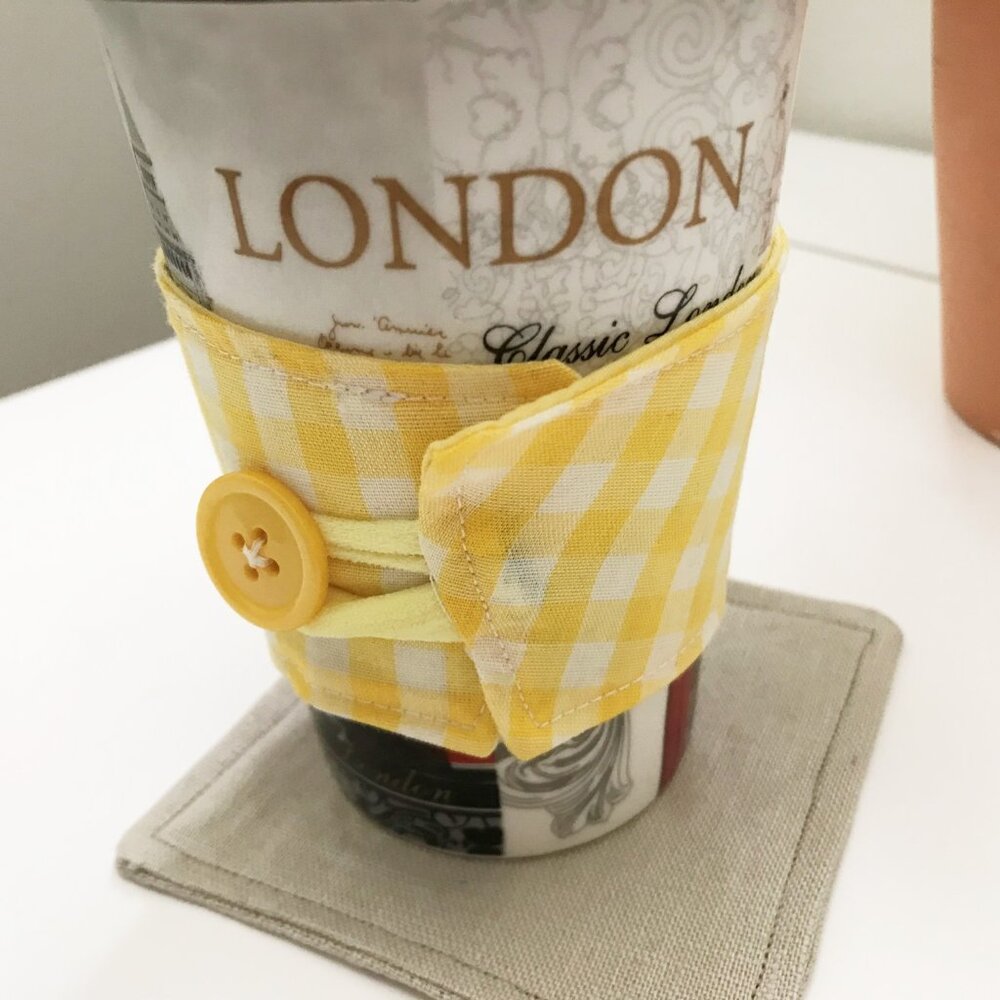 🌻5/$20 Handmade Fabric Coffee Cozy - Reusable Coffee Cup Sleeve, Yellow Gingham
